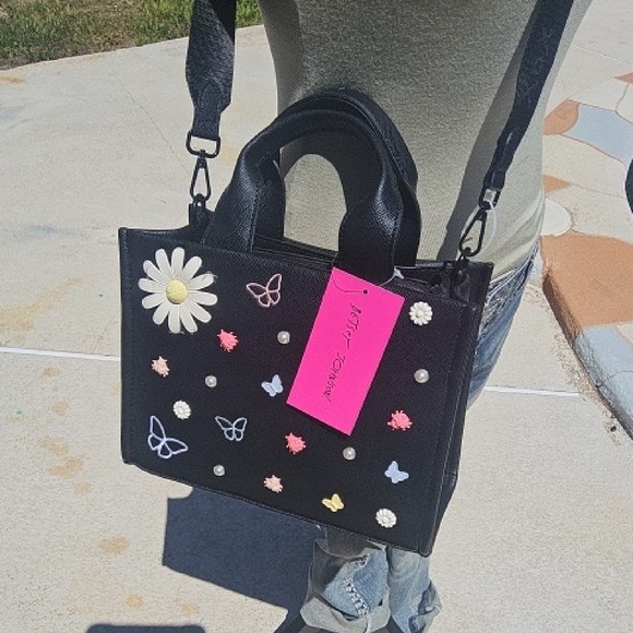 Betsey Johnson Black Tote with Floral and Heart Design - Picture 2 of 6